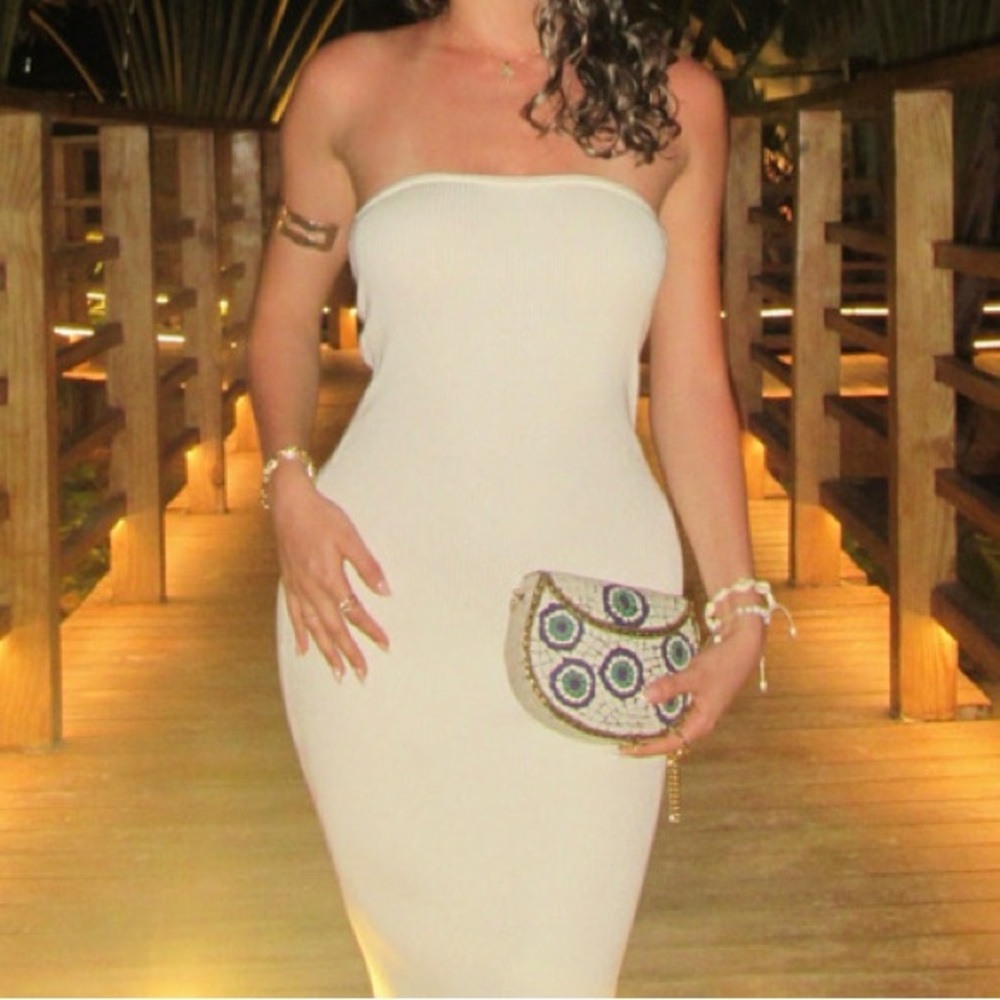 Cream Strapless Ribbed Bodycon Dress